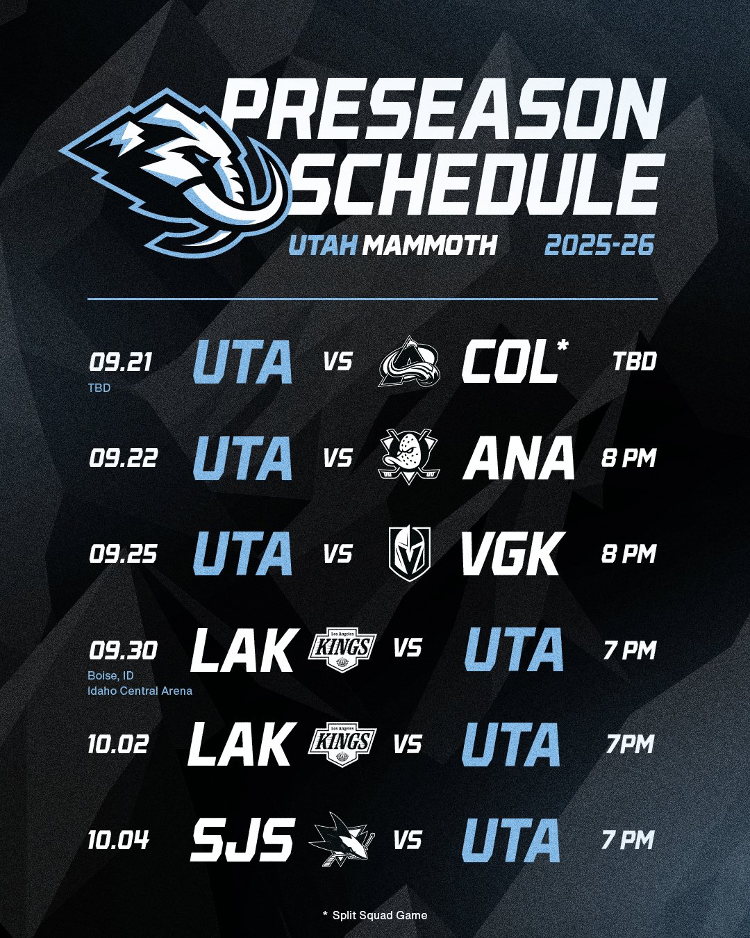 Utah Mammoth Announce 2025 Preseason Schedule