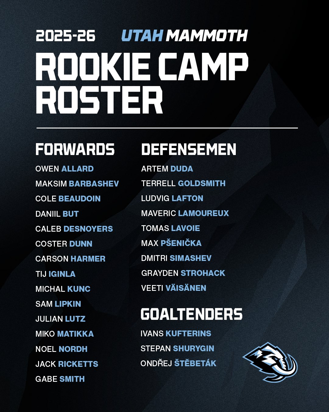 Utah Mammoth Announce 2025 Rookie Camp Roster