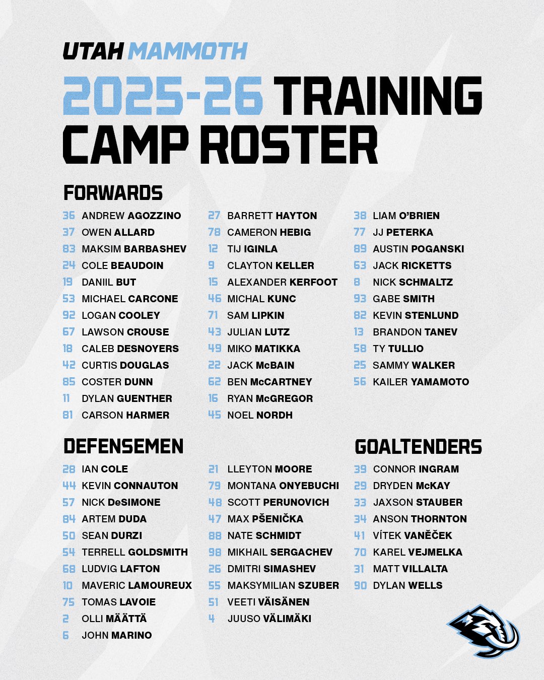 Utah Mammoth Announce 2025 Training Camp Roster