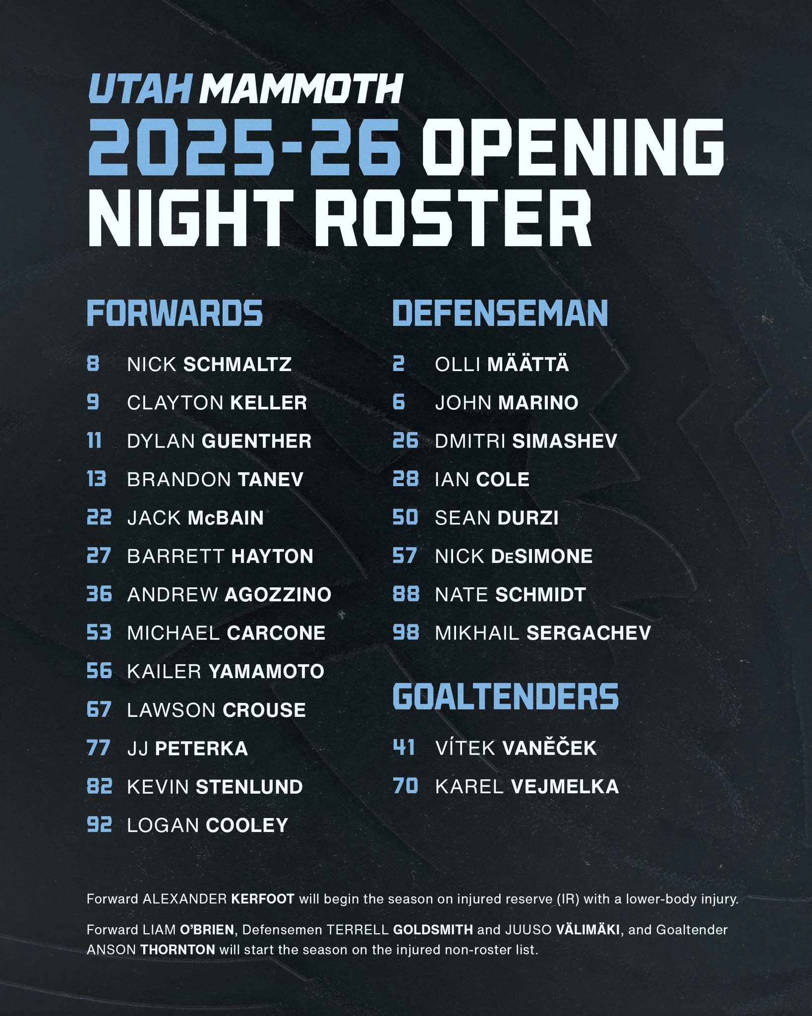 Utah Mammoth Announce 2025-26 Opening Night Roster