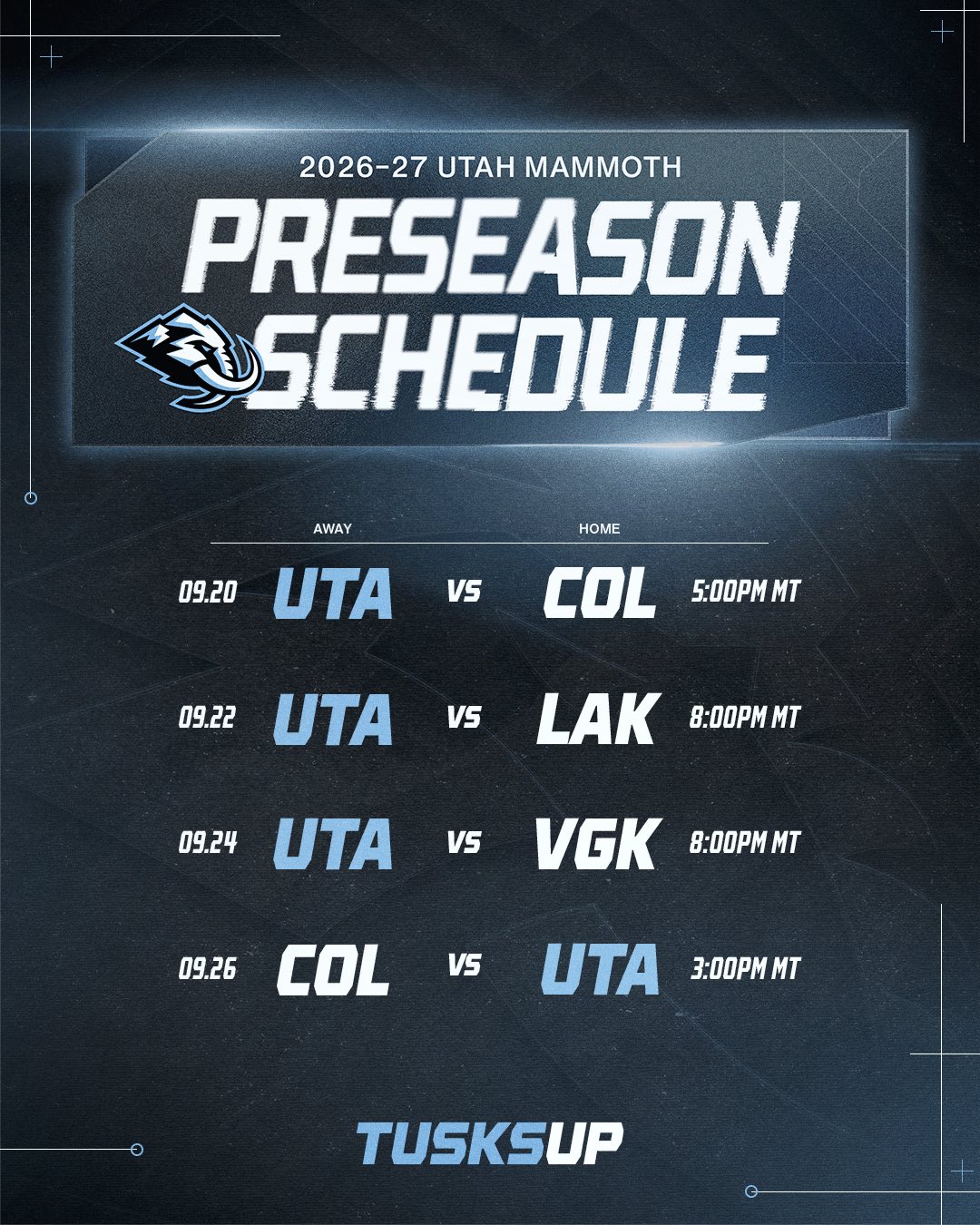 Utah Mammoth Announce 2026 Preseason Schedule